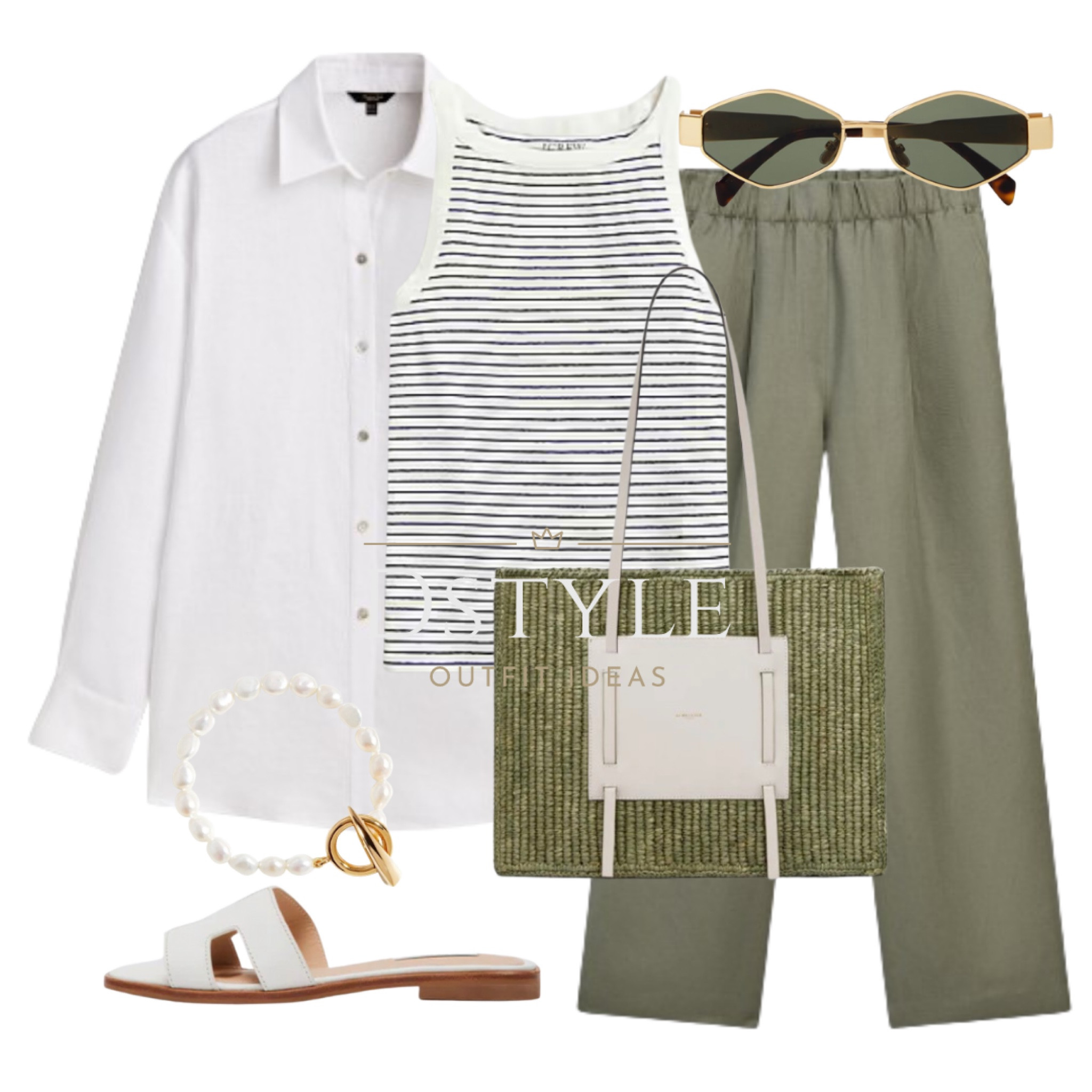 Linen-blend striped top, white linen shirt, wide leg khaki trousers, white slide sandals. Summer outfit, summer work wear, office look, khaki love, linen clothes

#LTKstyletip #LTKSeasonal #LTKworkwear