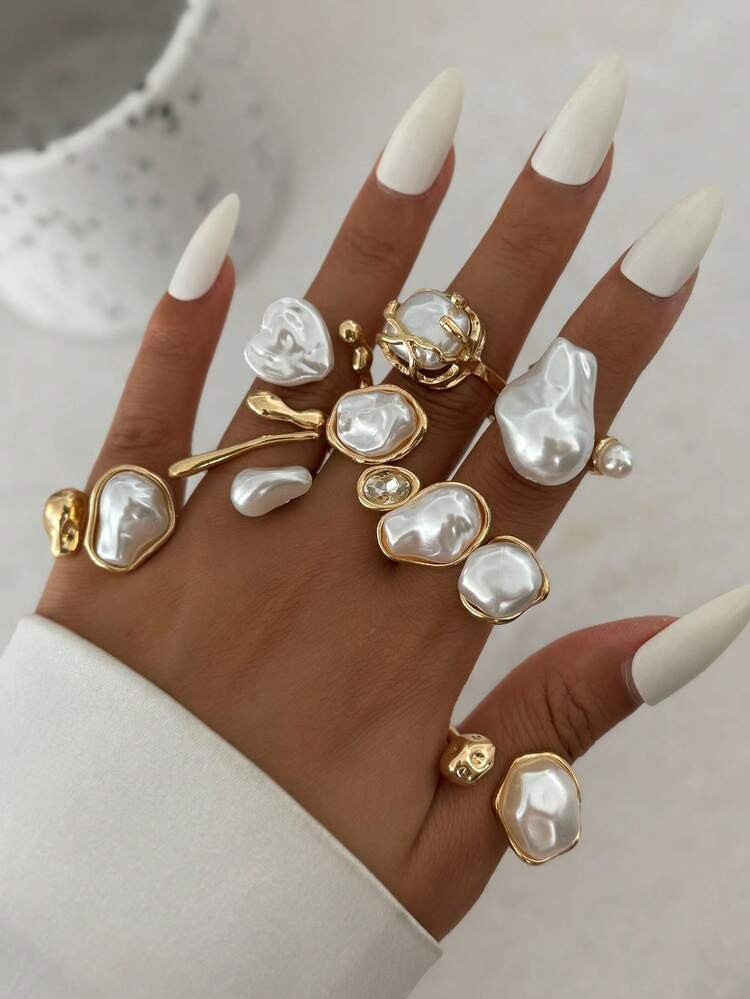 8pcs Vintage Baroque Style Faux Pearl Asymmetric Hollow Pearl Stackable Ring Set, Elegant & Fashi... | SHEIN