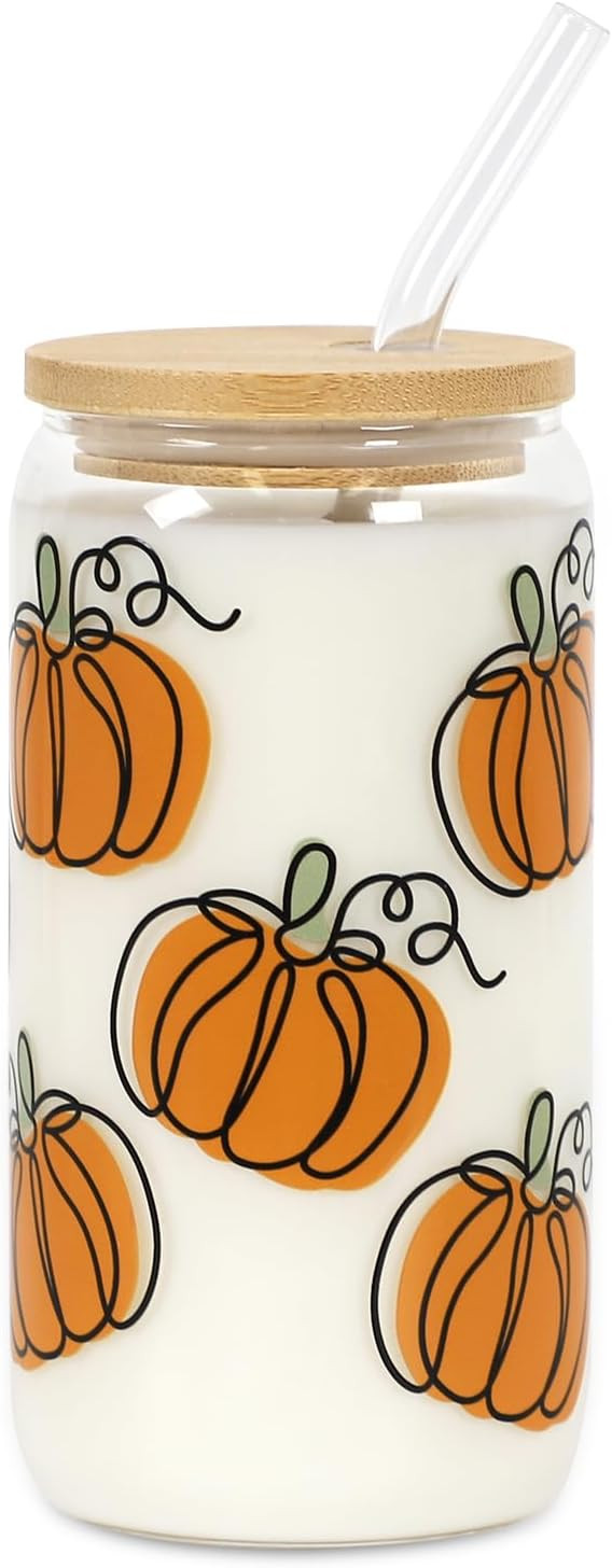 18oz Fall Pumpkin Iced Coffee Glass Cup with Lid & Straw | Amazon (US)