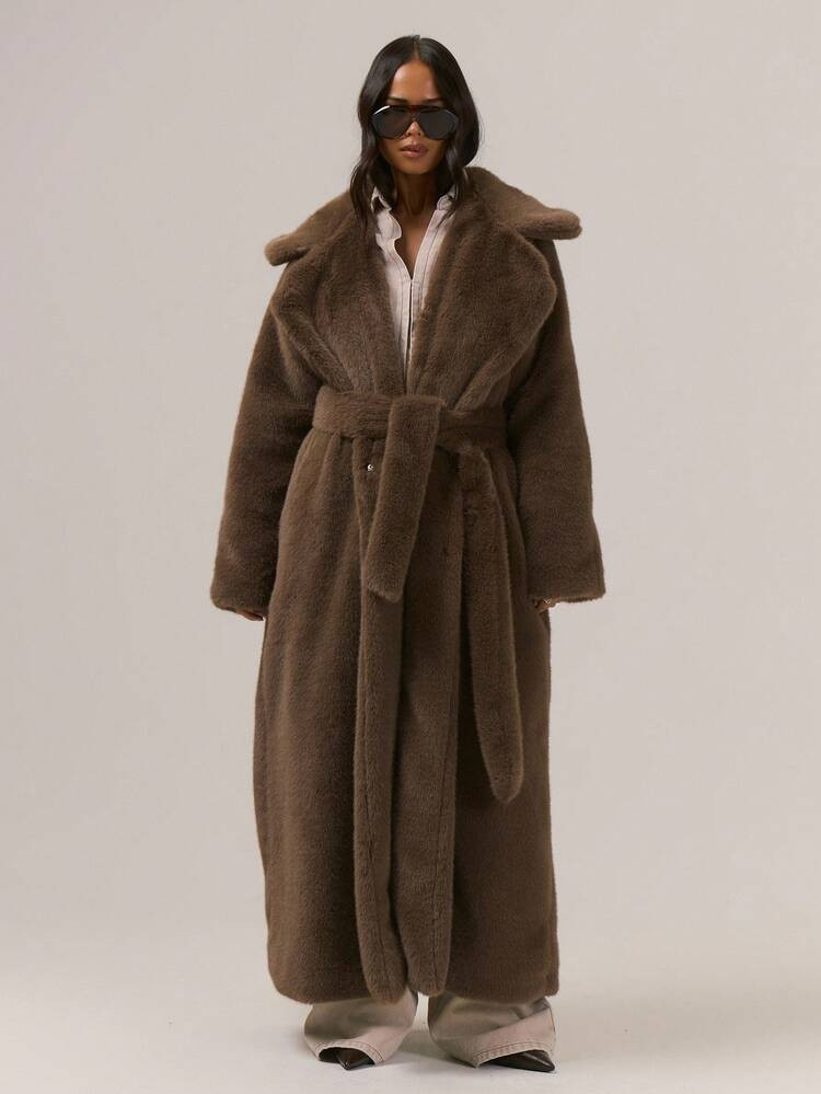 MUSERA Oversized Loose Fit Belted Maxi Length Fuzzy Fur Coat Classy Sexy Cute Night Out Vacation Autumn Fall Winter Outerwear September | SHEIN