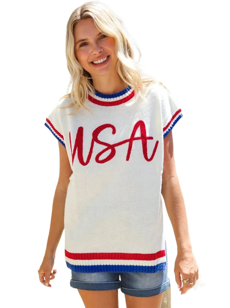 Patriotic USA Graphic Sweater for Women – Round Neck Short Sleeve Summer Knit, M | Walmart (US)