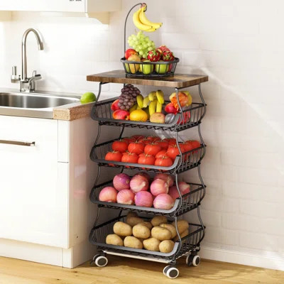 Kitchen Storage Cart With Wooden Top - 4-Tier Metal Wire Basket Organizer For Fruits & Vegetables | Wayfair North America