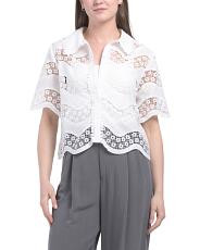 Eyelet Short Sleeve Button Up Top | TJ Maxx
