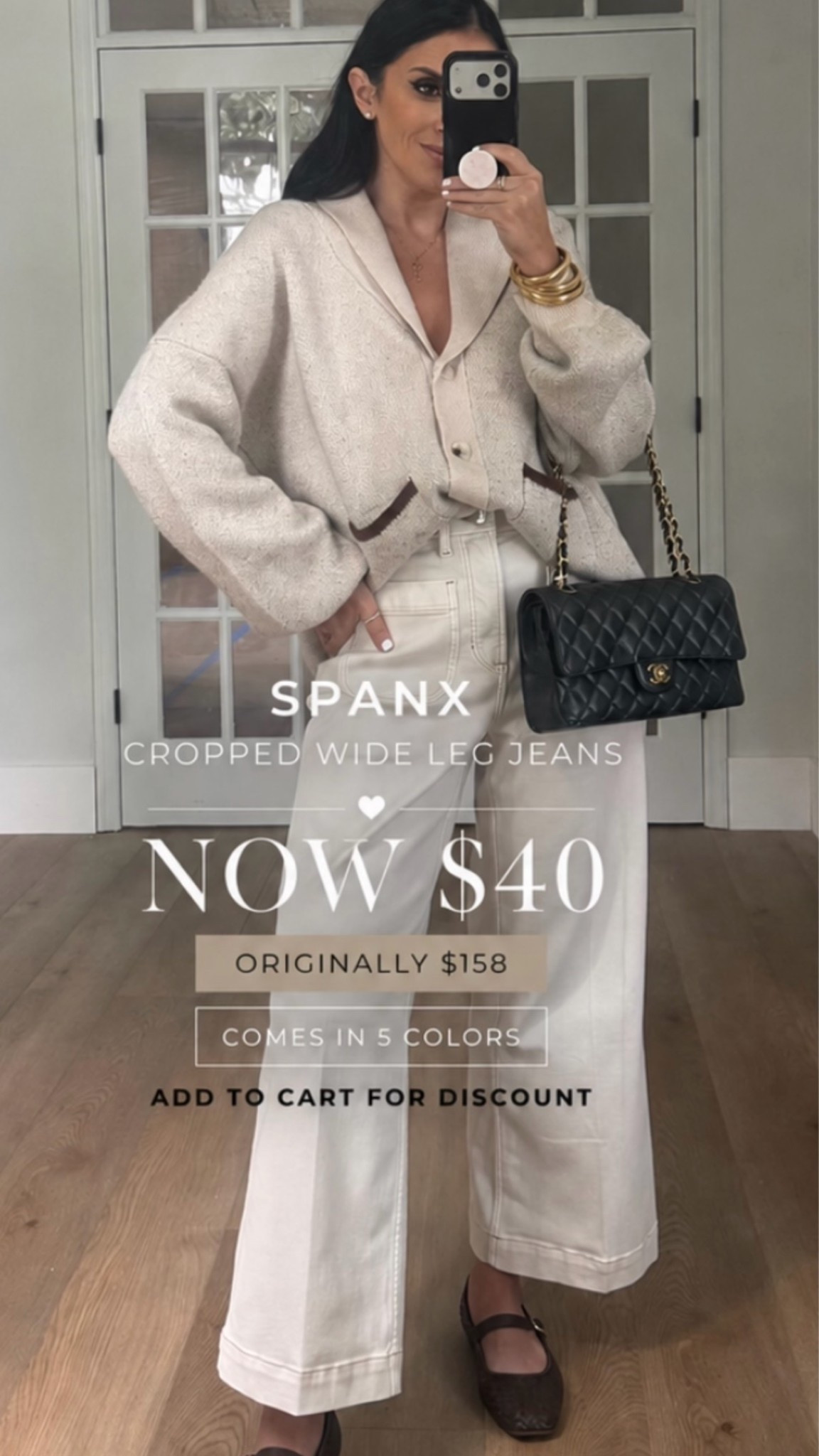 SPANXshape® Authentic 360 Cropped Wide Leg Jeans with Patch Pockets wearing size medium now $40 originally $158. Heritage Ride Horse Motif Cardigan wearing size small. Scenario Women's Woven Mary Jane Flats