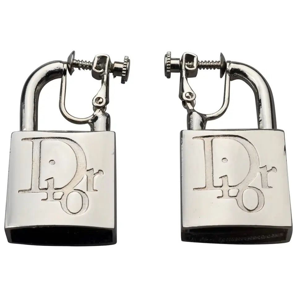 Vintage CHRISTIAN DIOR Logo Padlock Silver Earrings | 1stDibs