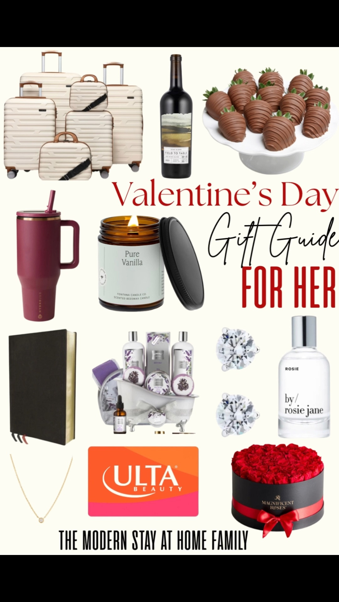 Valentine’s Day gift guide for her 💘 This curated Valentine’s Day gift guide is filled with thoughtful, feminine, and meaningful gifts she’ll truly love. From luxe luggage for the girl who loves to travel, wine and chocolate covered strawberries for a cozy romantic night in, to a HydroJug for everyday wellness and hydration. Add in a low tox candle and low tox perfume for clean living, a beautiful Bible for faith-filled mornings, a spa gift set for self-care, timeless diamond earrings and a dainty necklace for classic style, plus an Ulta gift card and fresh roses for the ultimate Valentine’s Day surprise. Whether you’re shopping for your wife, girlfriend, best friend, or yourself, these Valentine’s Day gift ideas for her are perfect for romantic, practical, and luxurious gifting all in one place.

Valentine’s Day gift guide for her, Valentine’s Day gifts for women, Valentine’s Day gift ideas, romantic Valentine’s gifts, luxury Valentine’s gifts, affordable Valentine’s Day gifts, wife Valentine’s gift ideas, girlfriend Valentine’s Day gifts, self care Valentine’s gifts, faith based gifts for her, Bible gifts for women, spa gift set for her, diamond earrings gift, necklace gift for her, Ulta gift card ideas, roses Valentine’s Day, wine gift ideas, chocolate covered strawberries gift, low tox candle, low tox perfume, HydroJug, luggage gift ideas, clean living gifts, lifestyle gift guide, LTK Valentine’s Day gift guide#LTKFindsUnder100

#LTKValentine #LTKselfcare #LTKmomlife