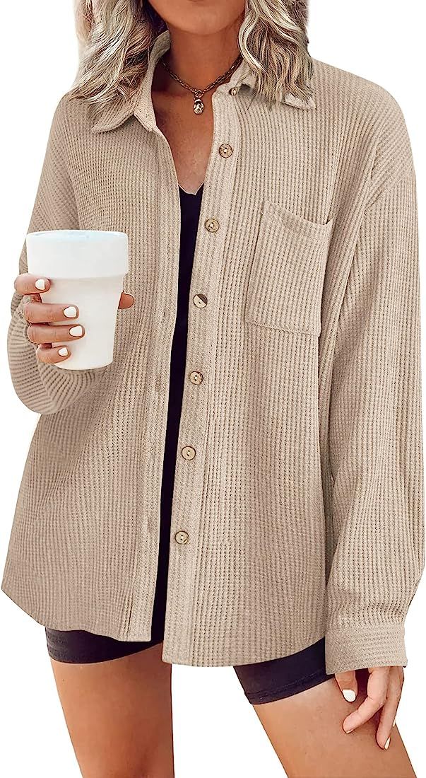 HOTOUCH Waffle Button Down Shirt Women Casual Knit Tops Long Sleeve Loose Fit Shacket with Pocket | Amazon (US)