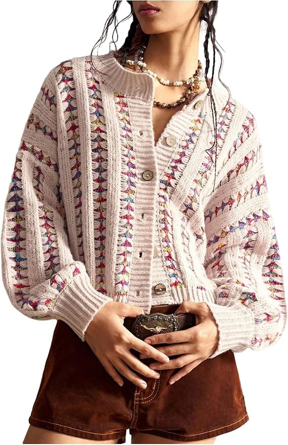 Milumia Women's Boho Striped Knit Cropped Cardigan Long Sleeve Button Up Sweater Jackets | Amazon (US)