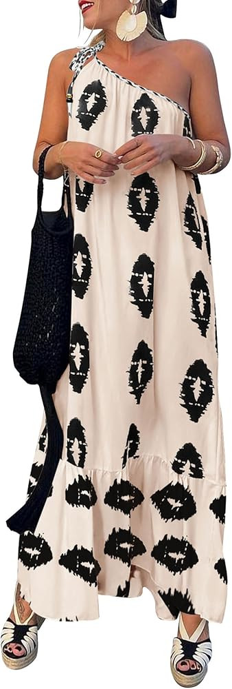 PRETTYGARDEN Women's 2026 Summer One Shoulder Maxi Dress Printed Flowy Boho Long Sundresses Sprin... | Amazon (US)