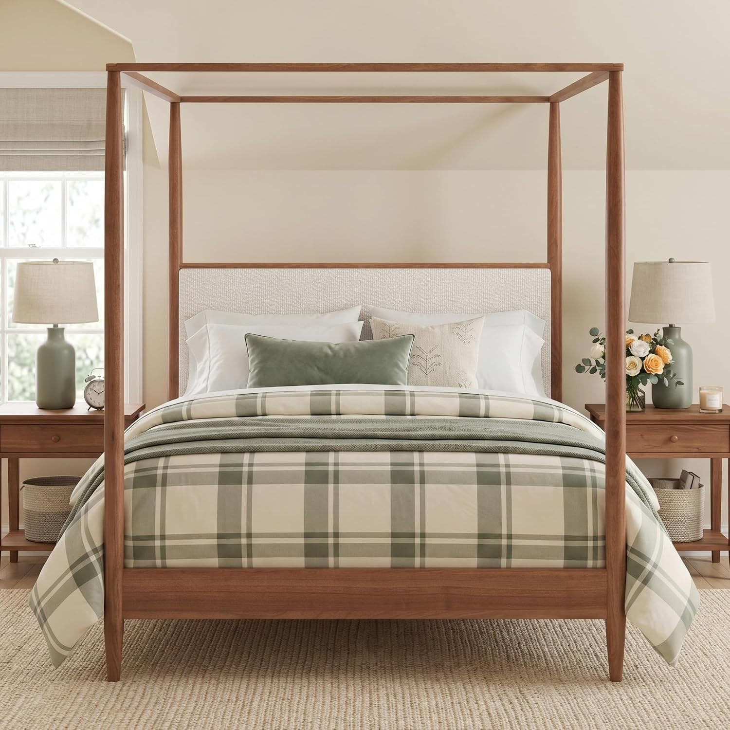 King Size Solid Wood Canopy Bed Frame with Upholstered Headboard | Amazon (US)