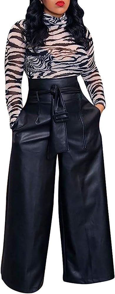 LKOUS Womens PU Stripe High Waisted Lounge Work Skinny Pencil Long Leather Pants with Belt Plus S... | Amazon (US)