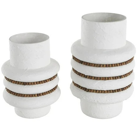 DecMode 12", 10"H Textured White Glass Vase with Brown Wood Beaded Stripes, Set of 2 | Walmart (US)