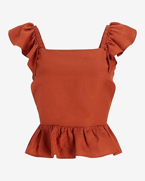 Linen-Blend Ruffle Cut-Out Back Peplum Tank | Express