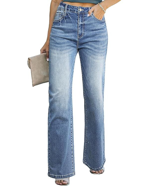 Sidefeel Women's Wide Leg Jeans Casual High Waisted Straight Stretch Denim Pants with Pockets | Amazon (US)