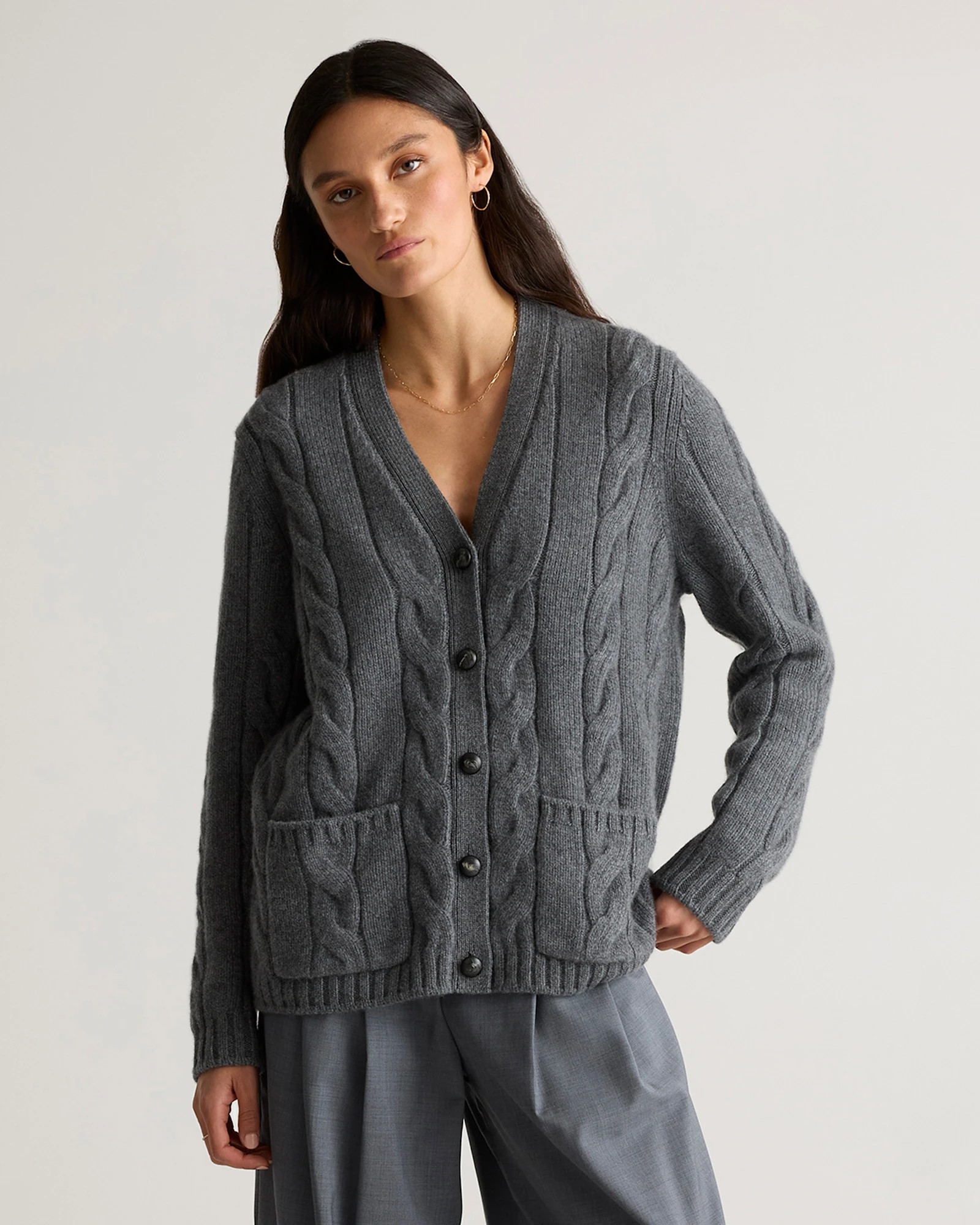 Quince | Women's Luxe Baby Cashmere Cable Cardigan Sweater in Heather Caviar, Size Small | Quince
