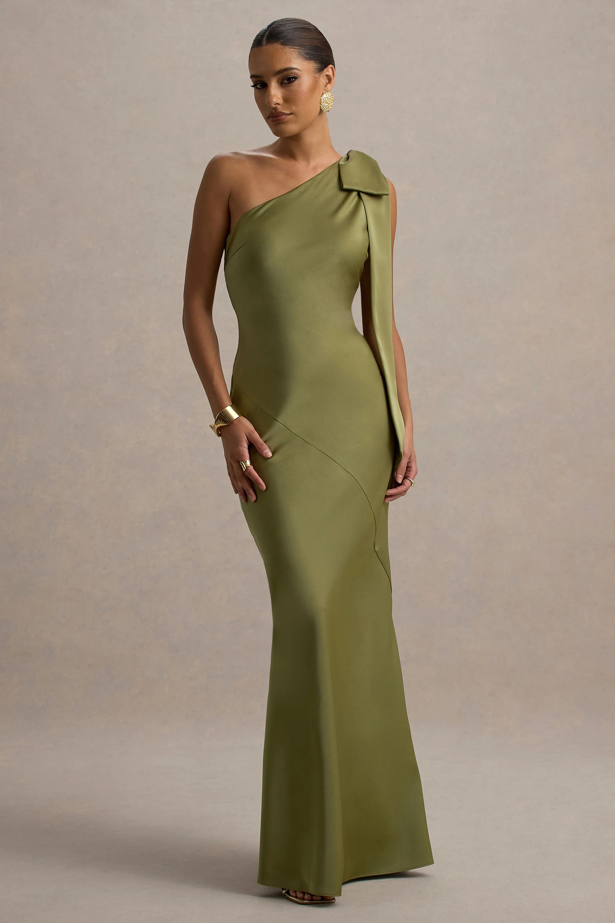 Here For Love | Khaki Satin Asymmetric Maxi Dress With Bow | Club L London