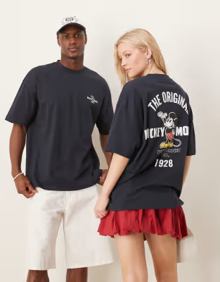 ASOS DESIGN Disney unisex oversized T-shirt with Mickey Mouse print and embroidery in navy | ASOS (Global)