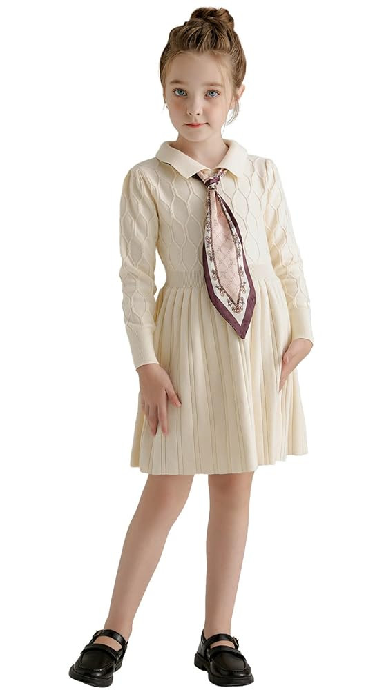 SMILING PINKER Girl Dress Long Sleeve Cable Knit Sweater Turn Down Collar with Neck Scarf | Amazon (US)