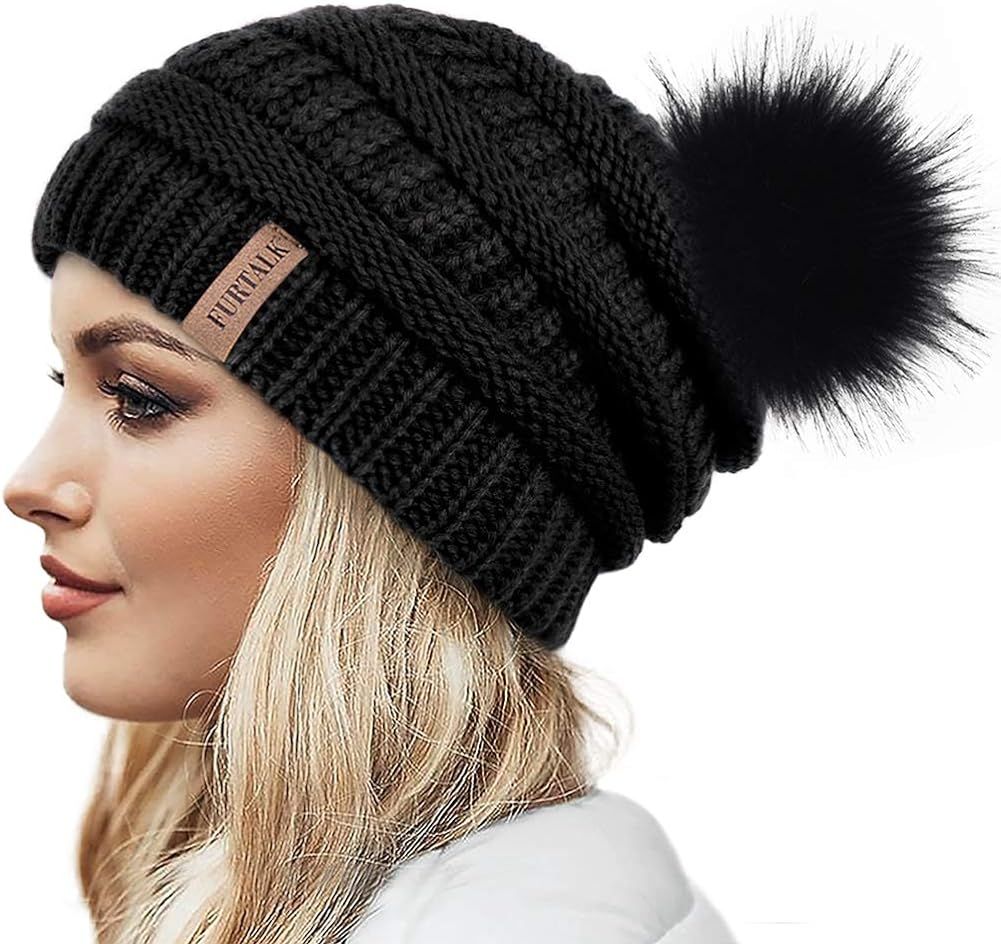 FURTALK Winter Hats Beanie for Women Fleece Lined Slouchy Knit Skiing Cap Faux Fur Pom Pom Beanie... | Amazon (US)