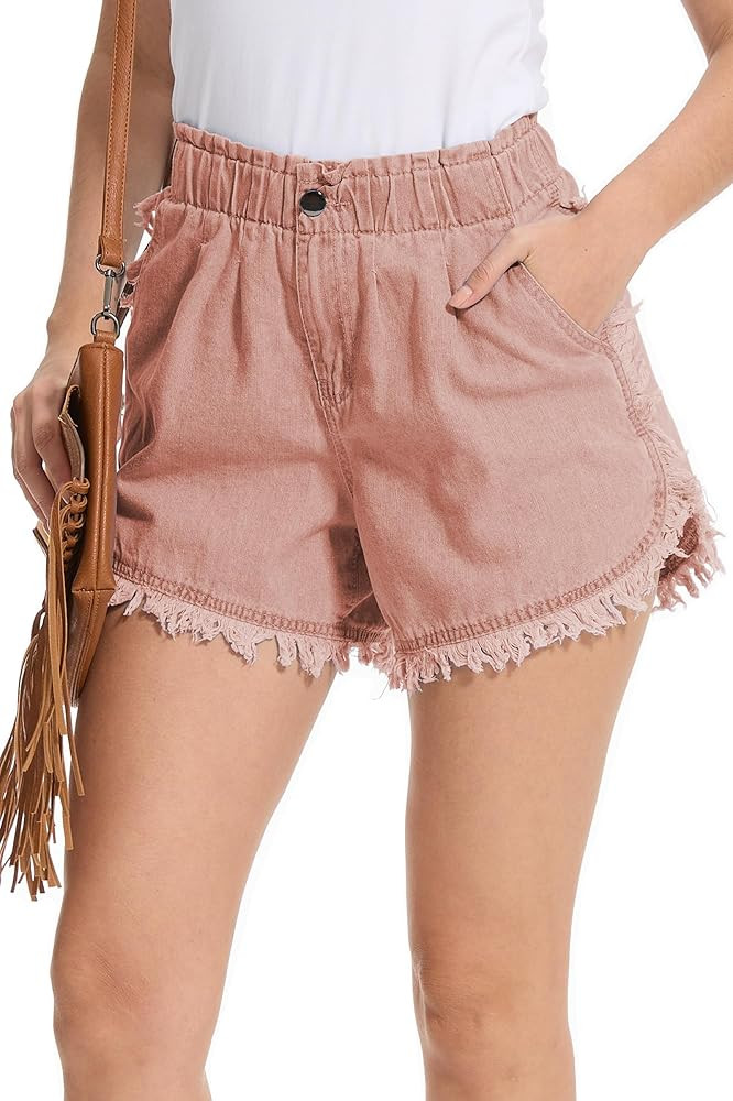 YOCUR Womens Cute Denim Ruffle Shorts Elastic High Waist Loose Pleated Flowy Fringe Tassel Button... | Amazon (US)