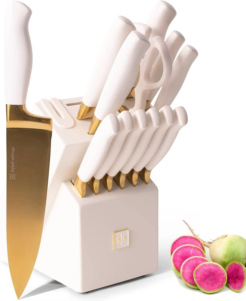 Gold Knife Set with Block Self Sharpening - 14 PC Luxurious Titanium Coated Gold and Off-White Ki... | Amazon (US)