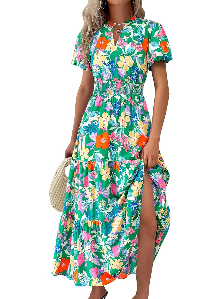 MASCOMODA Summer Maxi Dresses for Women 2025 Casual V Neck Puff Short Sleeve Smocked Flowy Beach ... | Amazon (US)