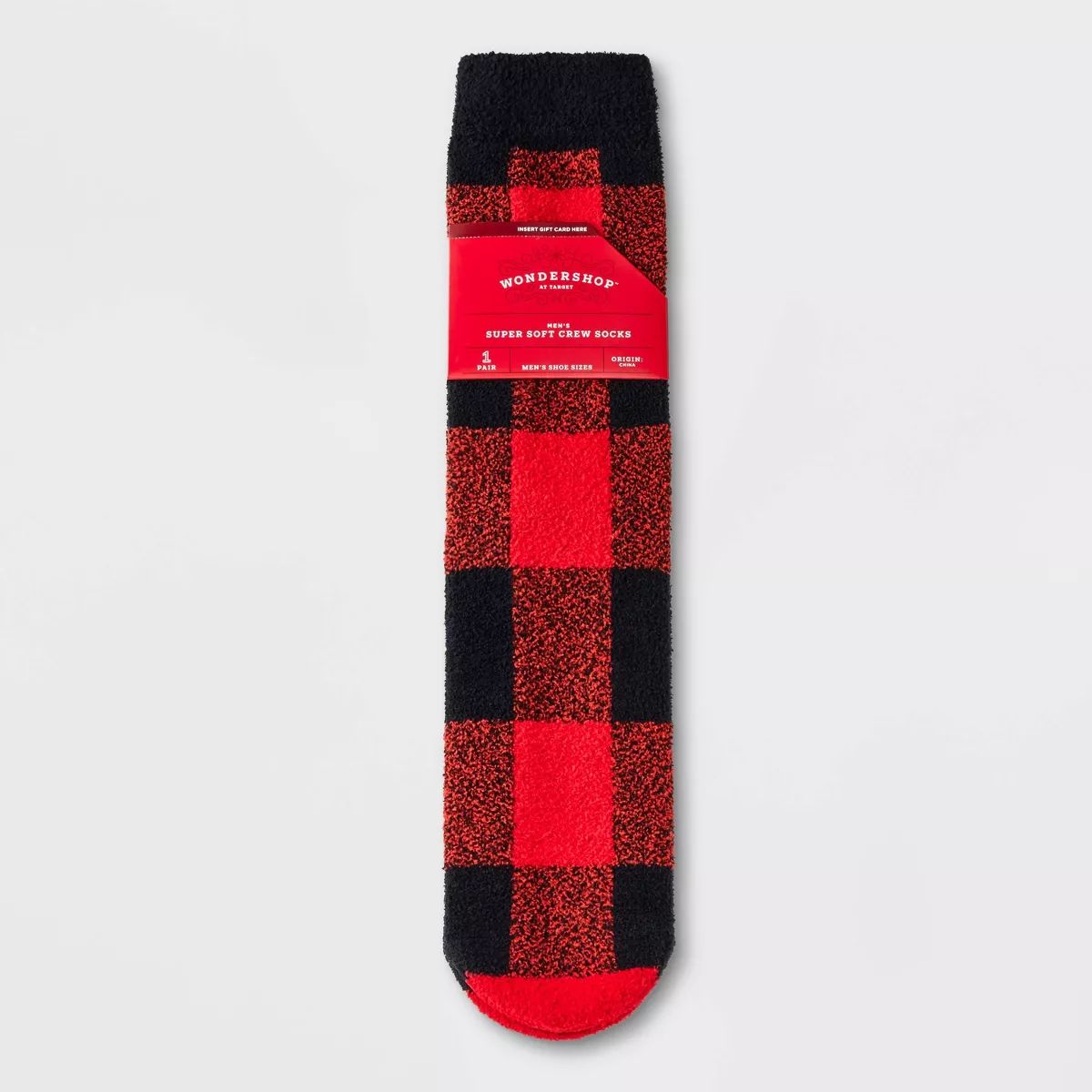 Men's Buffalo Check Plaid Cozy Crew Socks with Gift Card Holder - Wondershop™ Red/Black 6-12 | Target