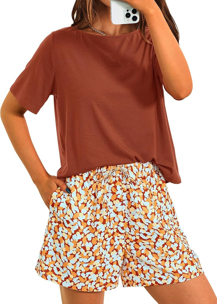 PRETTYGARDEN Women's Summer 2 Piece Outfits Lounge Sets Short Sleeve Tee Shirts Tops Blouses Pock... | Amazon (US)