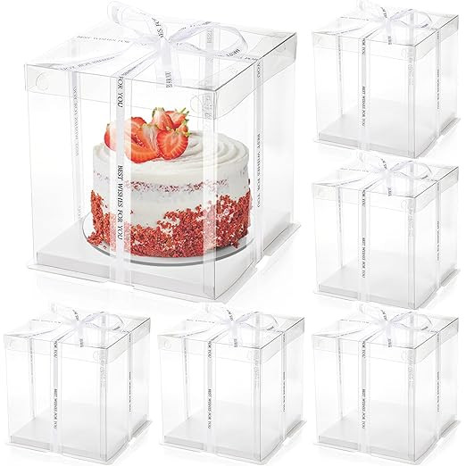 6 Pcs Clear Cake Box with Ribbon, 2-Layer Tall Cake Packaging Boxes 8x8x9 Inch, PET Cake Carrier ... | Amazon (US)