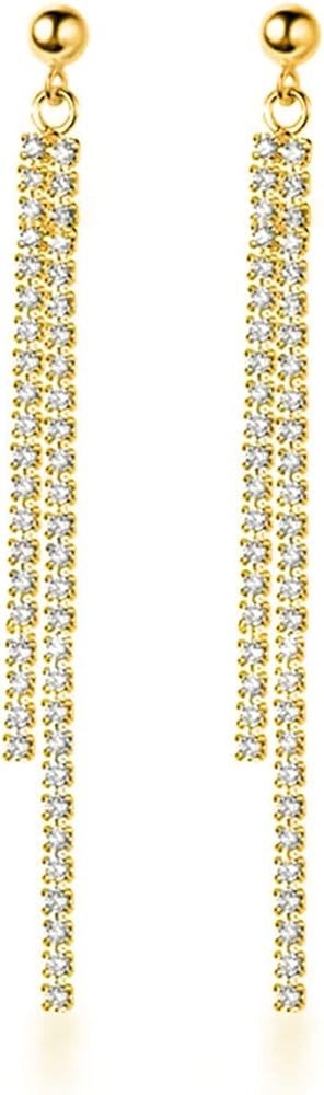 SLUYNZ Sterling Silver Crystal Rhinestone Linear Drop Earrings for Women Teen Girls CZ Long Dangl... | Amazon (US)