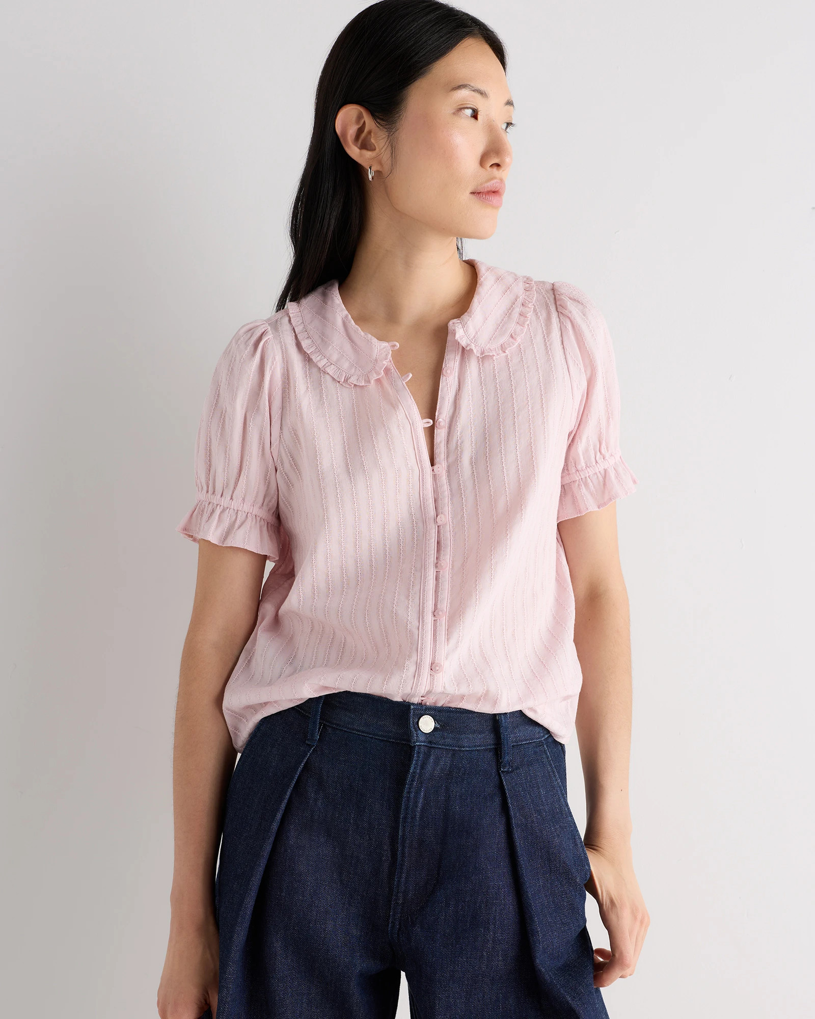 Embroidered Cotton Ruffle Collar Short Sleeve Blouse | Quince