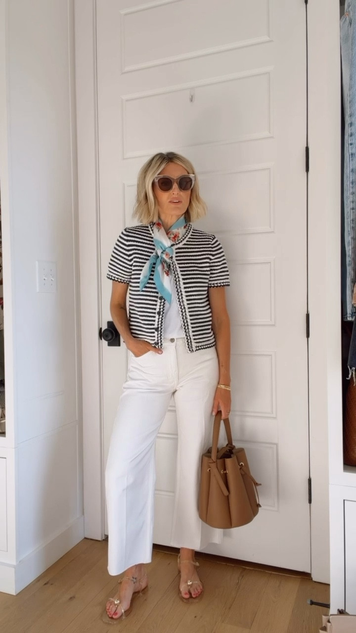 J. Crew killed it with these pieces 👏🏼 you can’t go wrong with these! Such a classic coastal vibe for this warmer weather! I love how the floral scarf and striped cardigan elevates this look so easily. Wearing M in the top and 27 in jeans. 

Loverly grey, j. Crew, elevated basic outfit ideas, capsule timeless quiet luxury, white denim outfit, spring workwear

#LTKootd #LTKSeasonal #LTKWorkwear