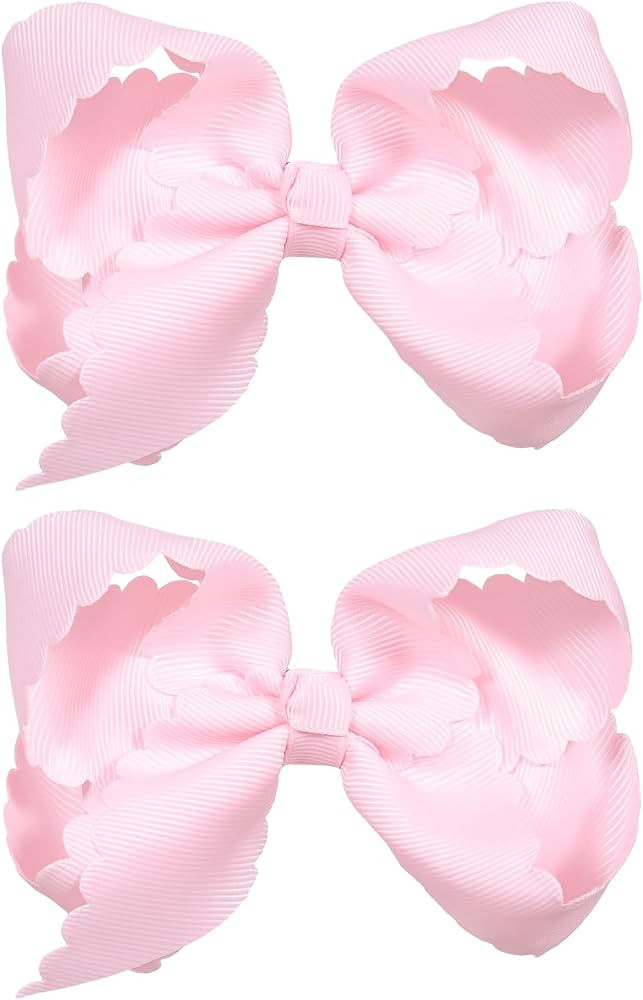 Pink Grosgrain Ribbon Hair Bow with Scalloped Edges for Girls,4" Handmade Everyday Dressy Hair Bo... | Amazon (US)