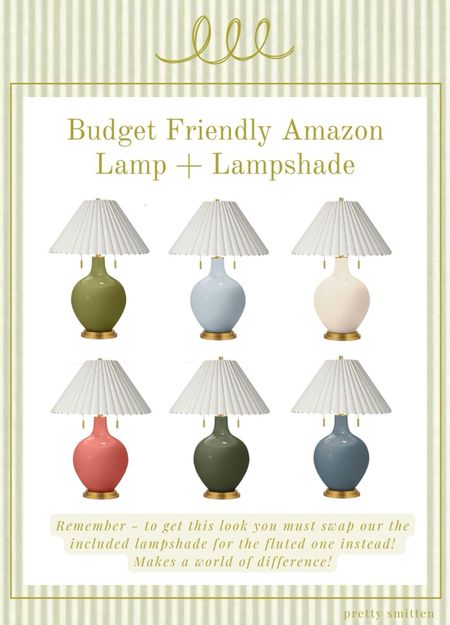 Colorful table lamps - budget friendly Amazon lamp - Amazon lighting - fluted lampshade

A great budget friendly lamp from Amazon! A good size, heavy and does not feel cheap. Comes in a ton of colors we have the rural green in our home. Be sure to swap out the included lampshade for the Amazon fluted lampshade instead!!

#LTKstyletip #LTKhome