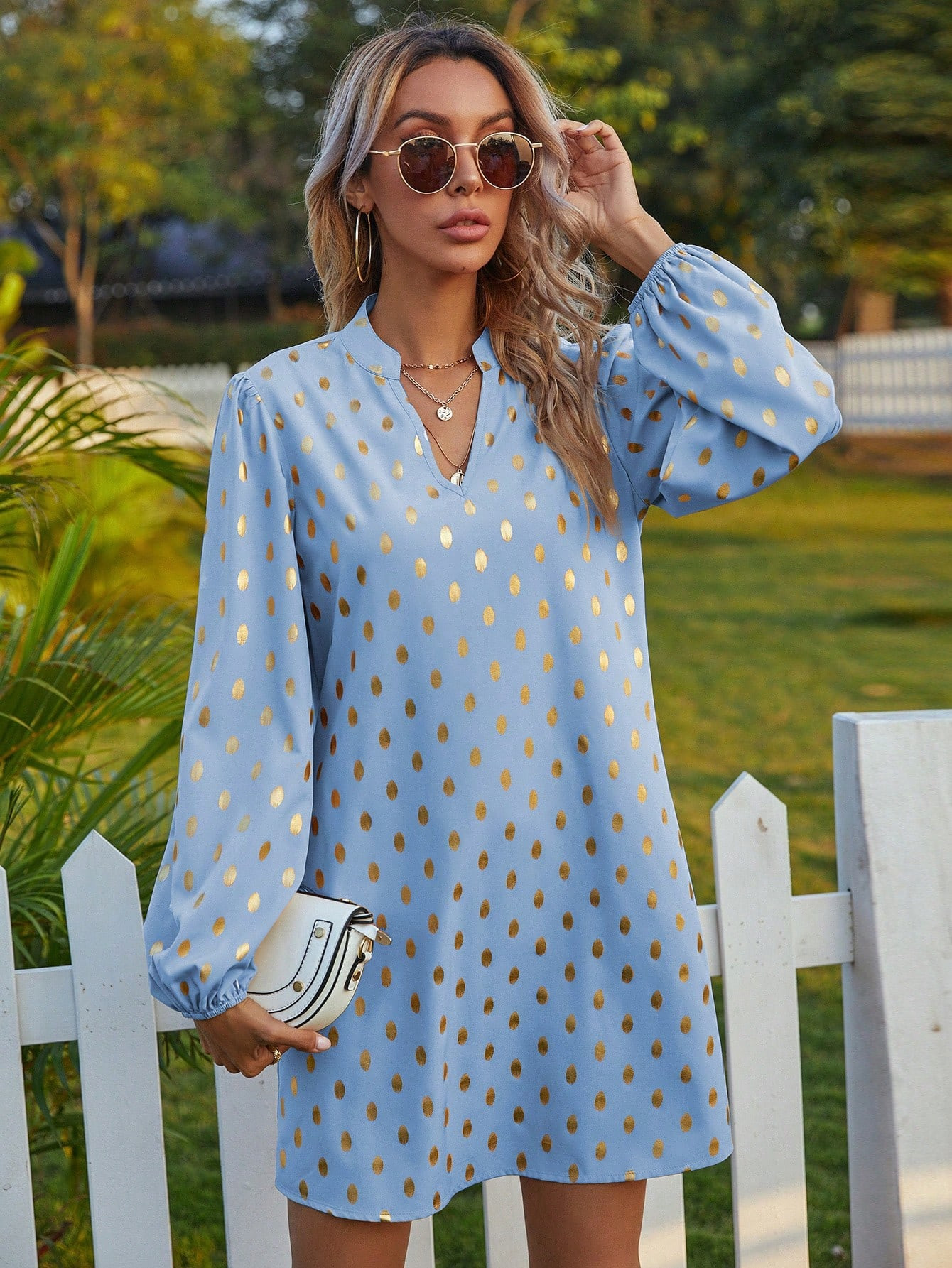 SHEIN LUNE Gold Dot Print Lantern Sleeve Tunic Dress | SHEIN USA | SHEIN