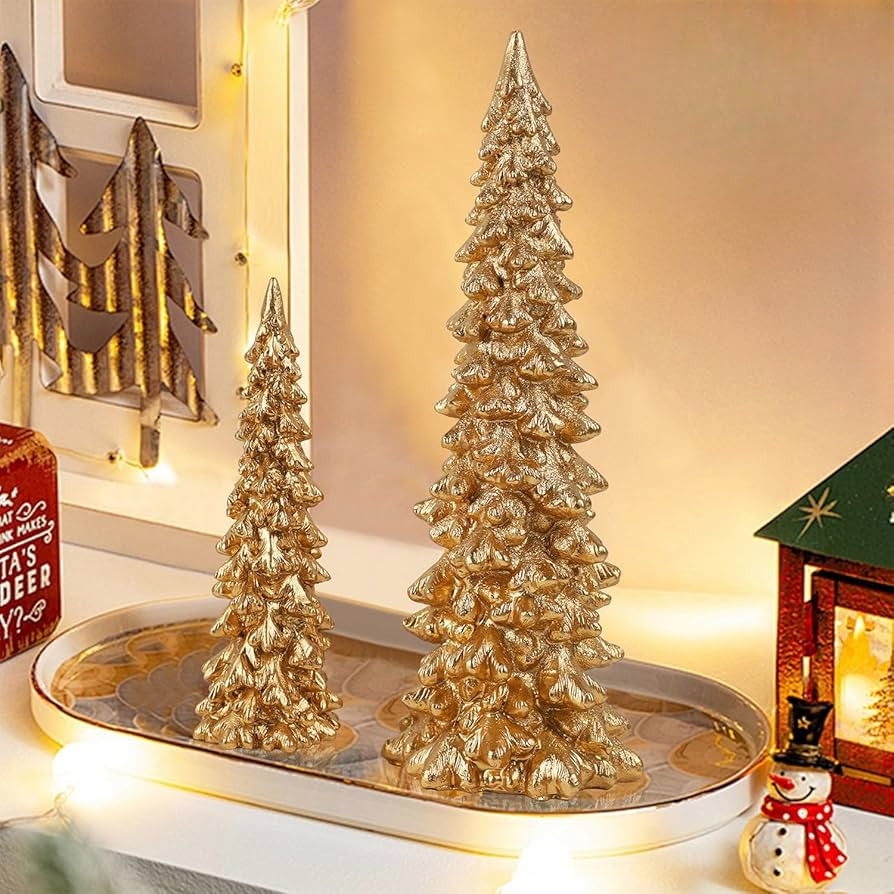 Juegoal Christmas Tree Table Decorations Set of 2, 9.5" Golden Resin Xmas Pine Trees, Vintage Tab... | Amazon (US)