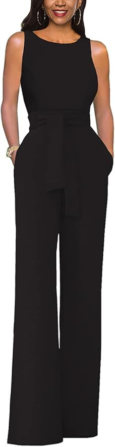 Women’s Sleeveless Belted High Waist Wide Leg Jumpsuits with Pockets | Amazon (US)