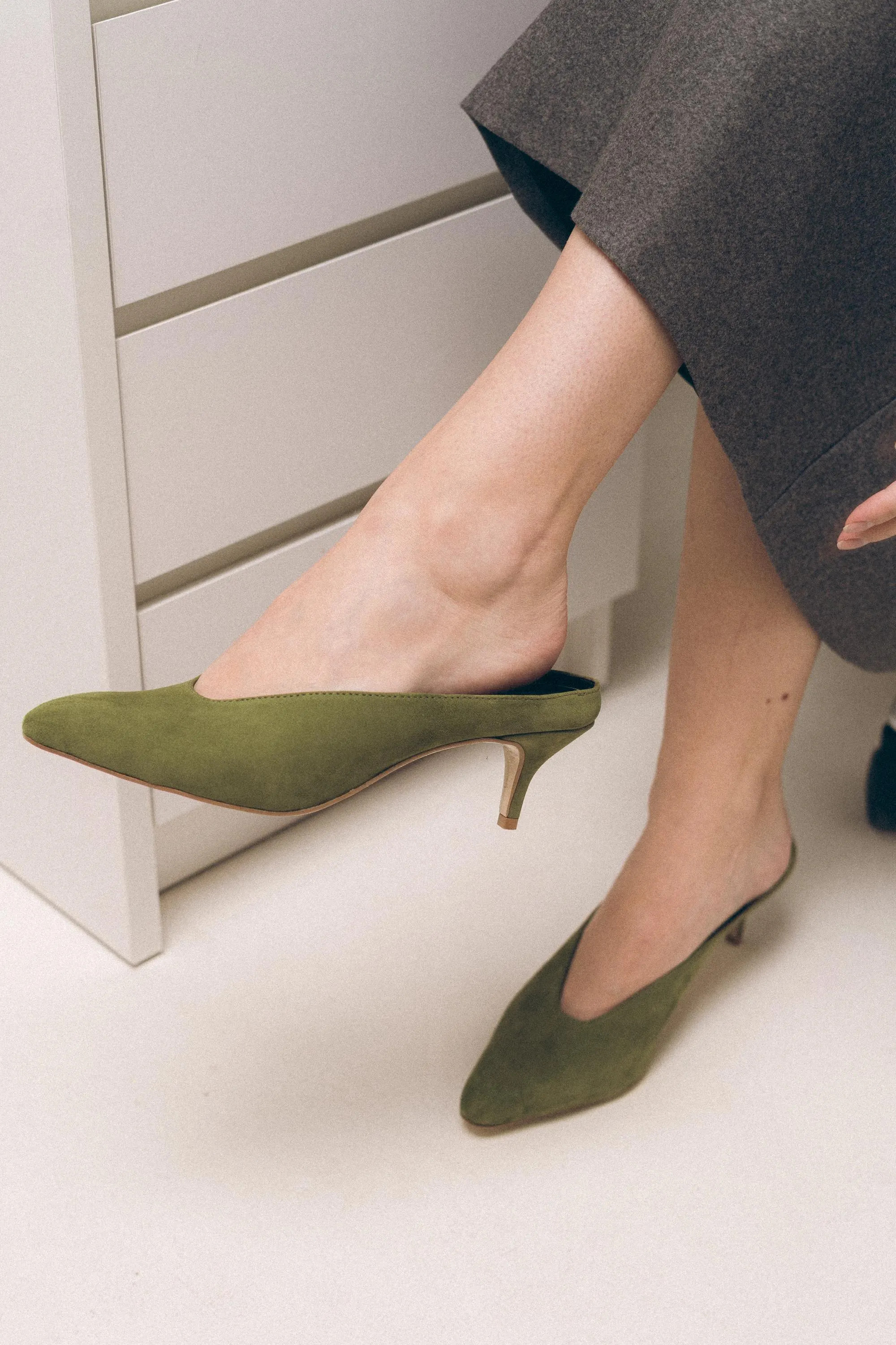 Olive Green Suede Mules, Kitten Heel Pointed Toe, Handmade Summer Shoes | Etsy (Global)