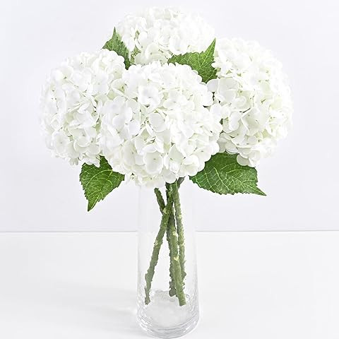White Hydrangea Artificial Flowers, 4Pcs 22" Large Lifelike Faux Silk Flowers, Full Fake Artifici... | Amazon (US)