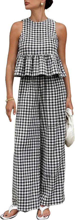 Womens 2 Piece Outfits Sets Gingham Plaid Sleeveless Ruffle Tank Tops and Wide Leg Pants Summer M... | Amazon (US)