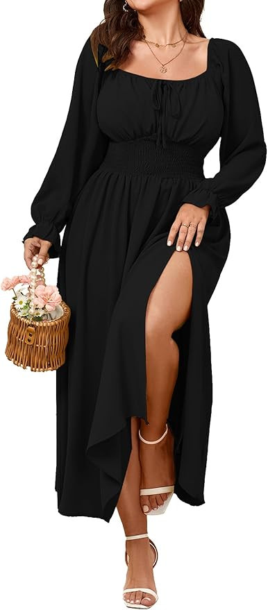 Women's Plus Size Dress Long Sleeve Smocked Dress Square Neck Tie Front Split A-Line Maxi Long Dr... | Amazon (US)