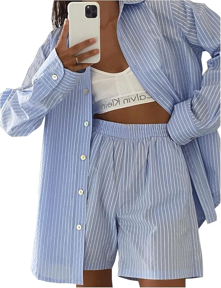 Women’s 2 Piece Casual Tracksuit Outfit Sets Stripe Long Sleeve Shirt And Loose High Waisted Mi... | Amazon (CA)