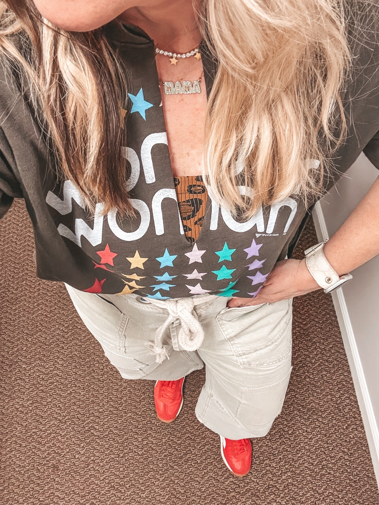 I did a deep slit in my tee and I’m wearing a leopard print tube top. I sized up to a large in tube top. 
Can’t link this exact tee but these FP jeans are AMAZING & on sale. I size down one in them. 
I also size down in these puma sneaks. 
✨Save on mama necklace with code MANDIE20MAULDIN 
✨Save on star necklace with code MANDIE 
