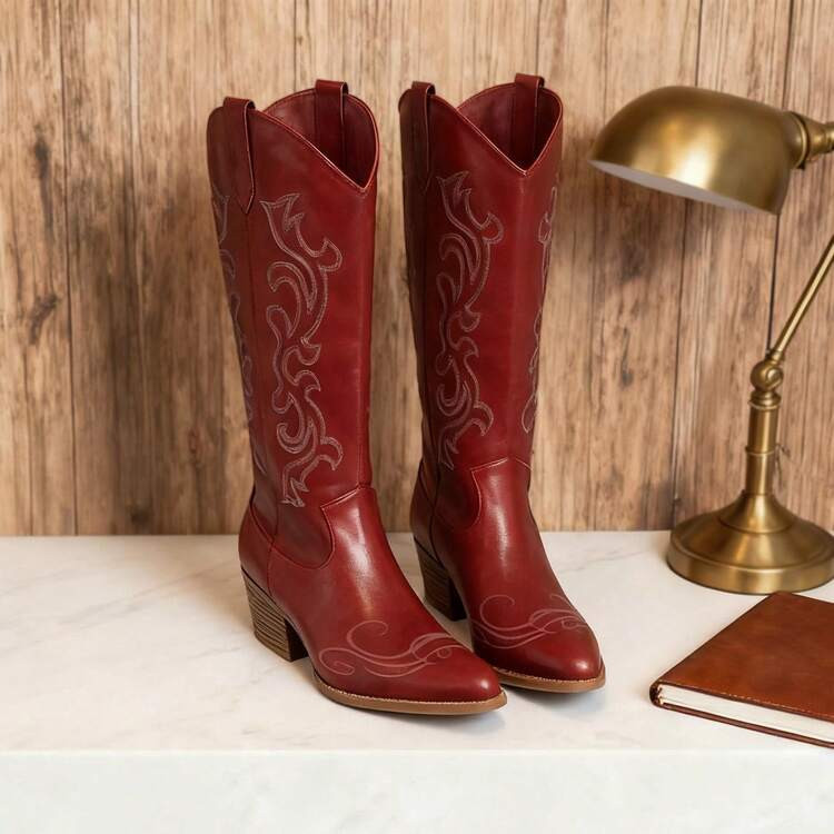 New Women Western Cowgirl Boots, Pointed Toe Embroidered Thick Heel Mid-Calf Fashion Boots | SHEIN