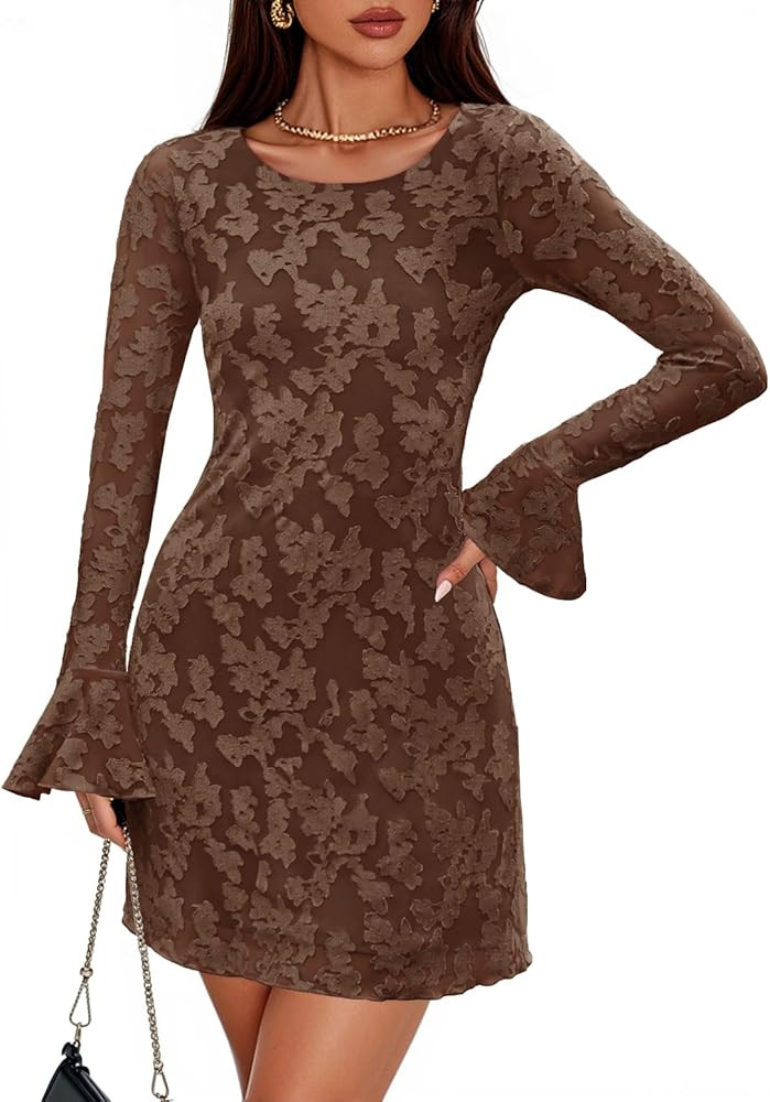 ZESICA Long Sleeve Mini Dresses for Women Spring Mesh Floral Crewneck Bodycon Wedding Guests Cock... | Amazon (US)