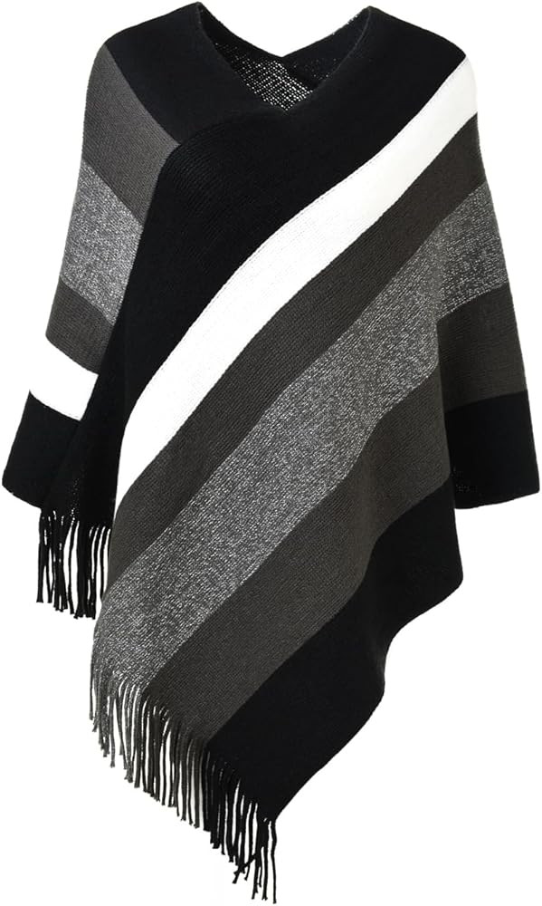 Women's Casual Striped Poncho Sweater Versatile Fringe Shawl Wrap | Amazon (US)