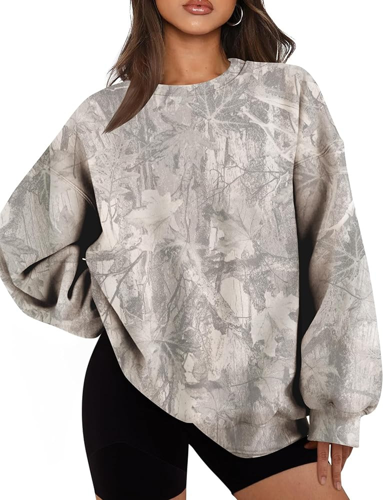 Womens Camo Sweatshirt Maple Leaf Print Oversized Camo Crewneck Sweatshirt Fleece Pullover Hoodie... | Amazon (US)