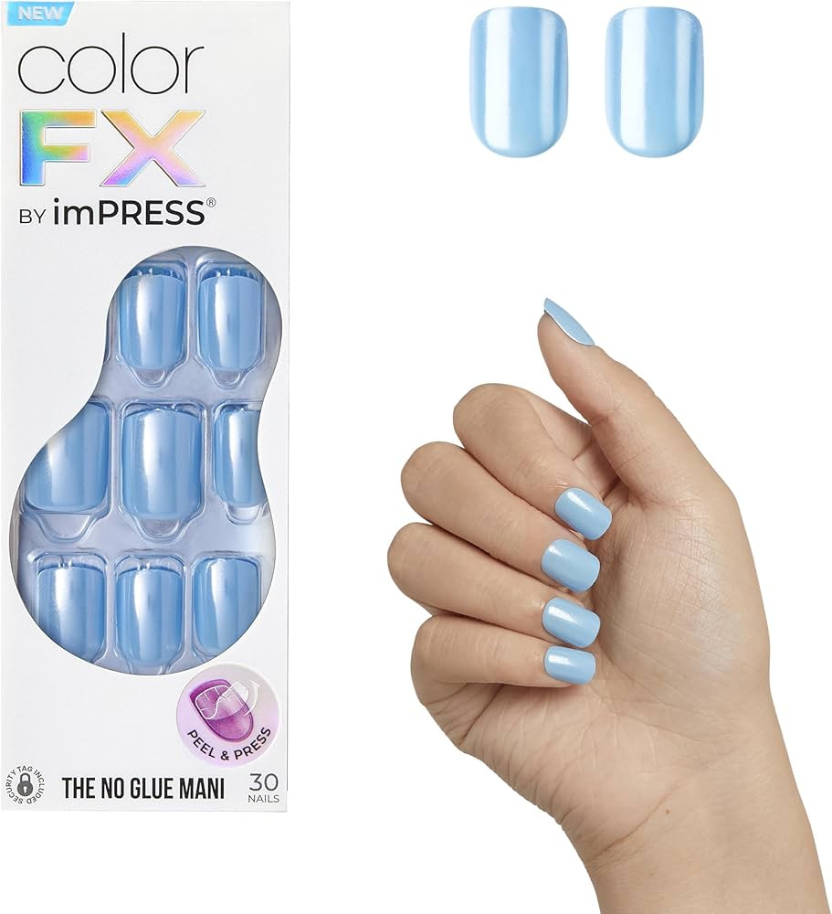 KISS imPRESS No Glue Mani Press On Nails, Color FX, 'Meta', Blue, Short Size, Squoval Shape, Incl... | Amazon (US)