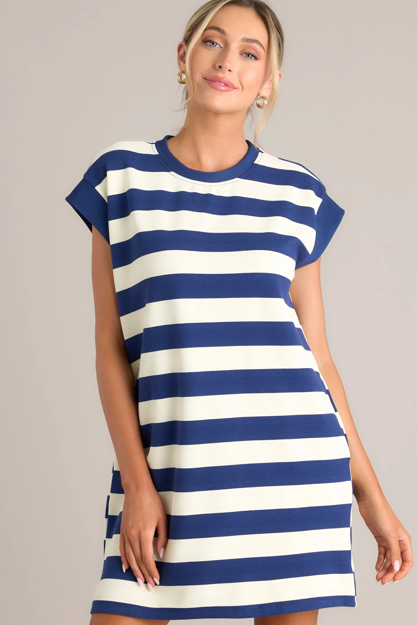 Harmony Horizon Navy Stripe Cap Sleeve Mini Dress | Red Dress