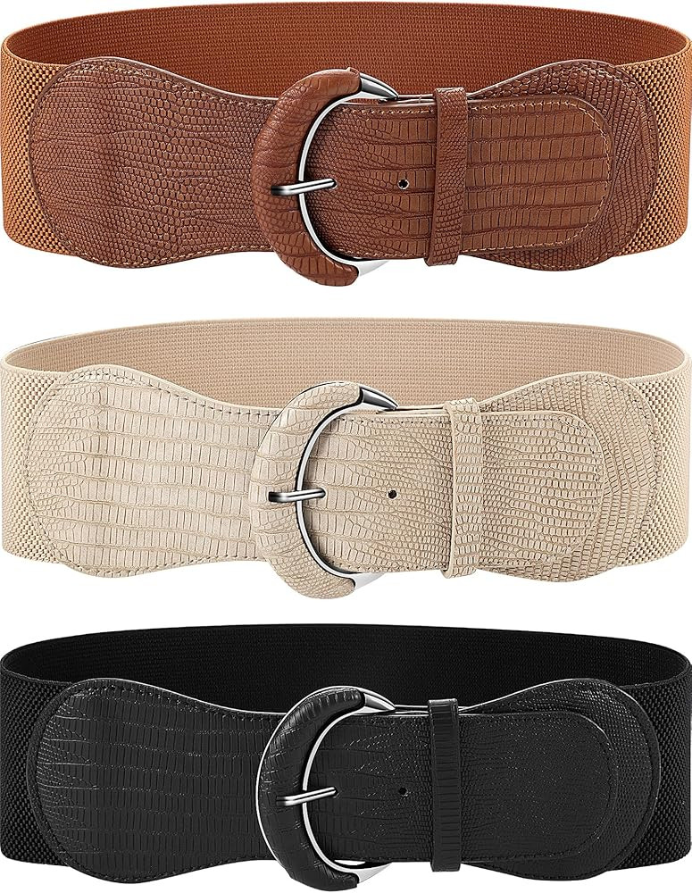 3 Pieces Women Wide Belt for Dresses Women Dress Belt Stretchy Cinch Belt Leather Elastic Belt for L | Amazon (US)
